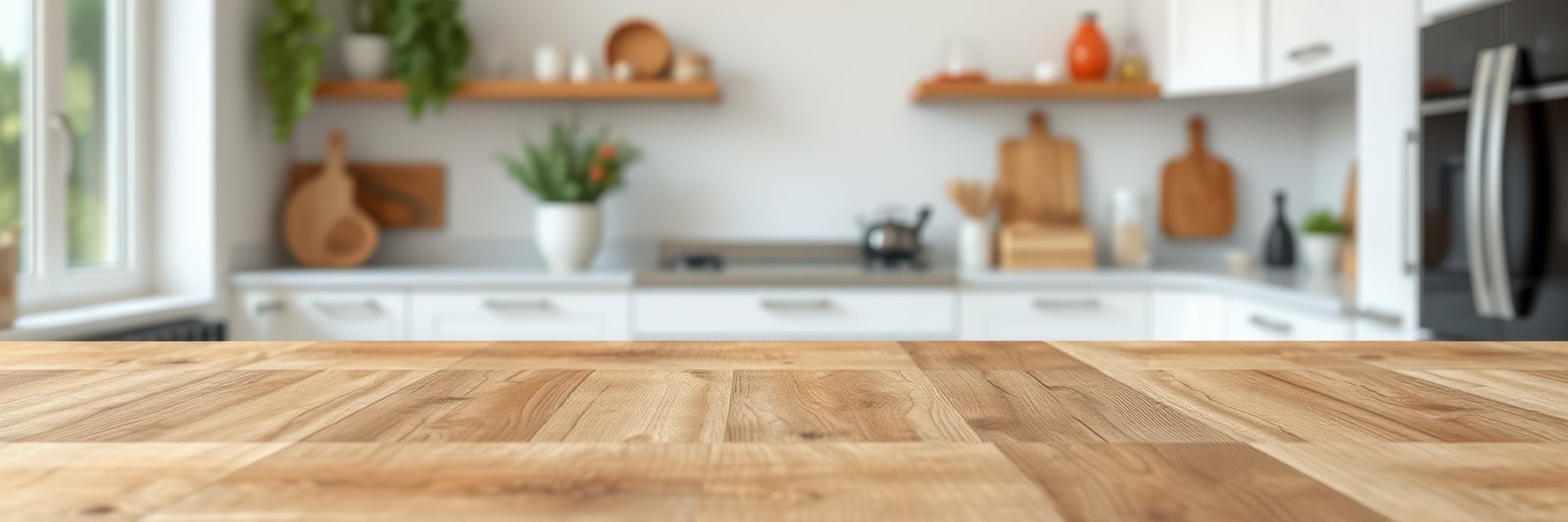 Warm wooden kitchen counter with modern decor and bright natural light streaming in from window